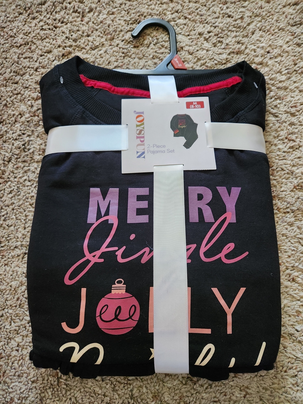 Black Pajama Set For  Women's 2-Piece with Pink Holiday Script Size M